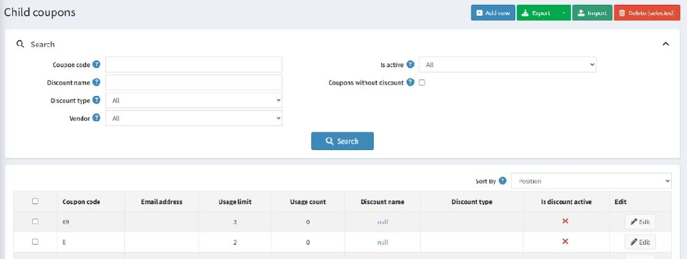 child coupons configuration page